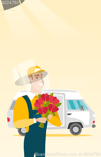 Image of Delivery courier holding bouquet of flowers.