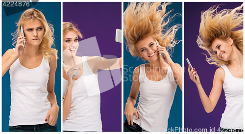 Image of Portrait of beautiful smiling girl with mobile phone