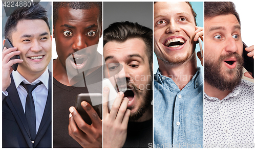 Image of The collage from images of multiethnic group of happy young women using their phones