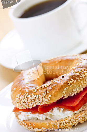 Image of Smoked salmon bagel and coffee