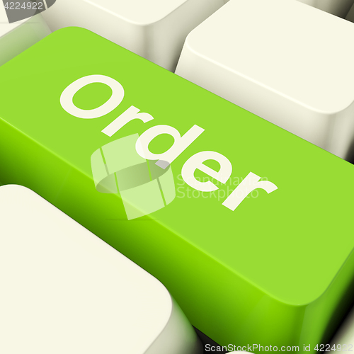 Image of Order Computer Key In Green Showing Online Purchasing And Shoppi