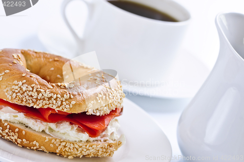 Image of Smoked salmon bagel and coffee