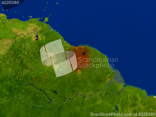 Image of Suriname from space in red