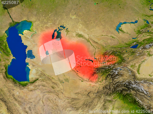 Image of Uzbekistan from space in red