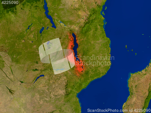 Image of Malawi from space in red