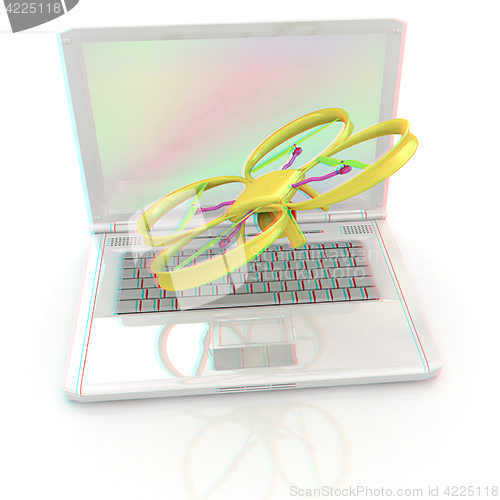 Image of Drone and laptop. 3D render. Anaglyph. View with red/cyan glasse