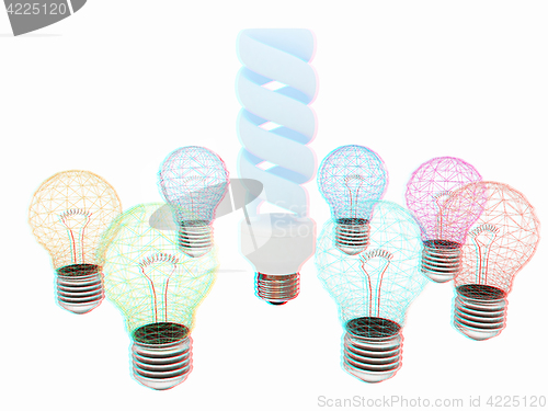 Image of energy-saving lamps. 3D illustration. Anaglyph. View with red/cy