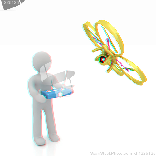 Image of 3d man with drone, quadrocopter, with photo camera. 3d render. 3