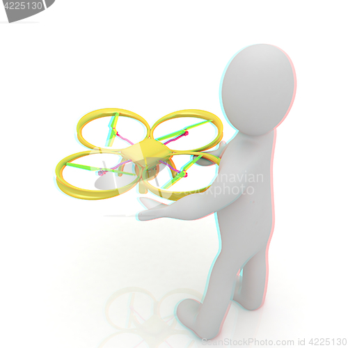 Image of 3d man with drone, quadrocopter, with photo camera. 3d render. 3