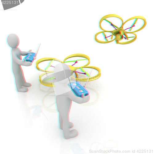 Image of 3d man with drone, quadrocopter, with photo camera. 3d render. 3