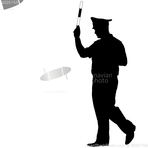 Image of Black silhouettes of Police officer with a rod on white background