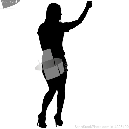 Image of Black silhouette woman standing with arm raised, people on white background