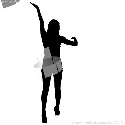 Image of Black silhouette woman standing with arm raised, people on white background