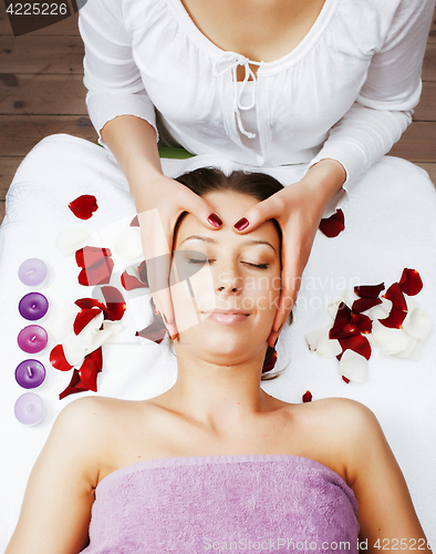 Image of stock photo attractive lady getting spa treatment in salon, heal