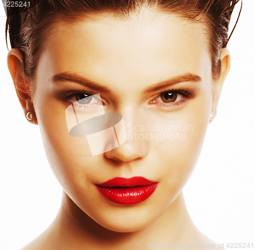 Image of perfect beauty real brunette woman isolated on white background smiling close up spa makeup