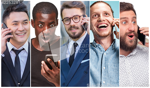 Image of The collage from images of multiethnic group of happy young women using their phones