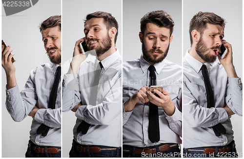 Image of Collage from images of smiling man talking on the phone on a gray