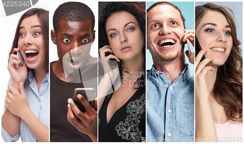 Image of The collage from images of multiethnic group of happy young men and women using their phones