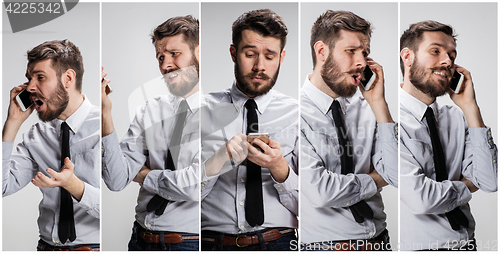 Image of Collage from images of smiling man talking on the phone on a gray