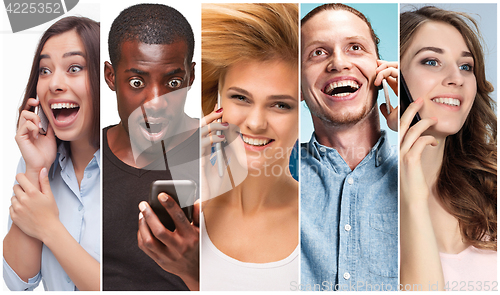 Image of The collage from images of multiethnic group of happy young men and women using their phones