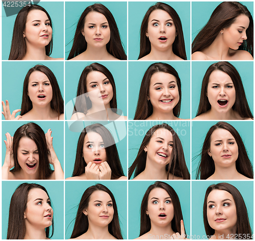 Image of Set of young woman\'s portraits with different happy emotions