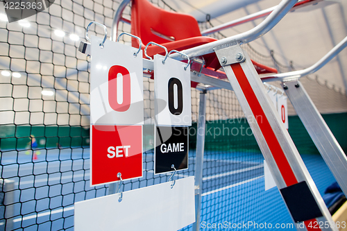 Image of Umpire chair with scoreboard on a tennis court before the game.