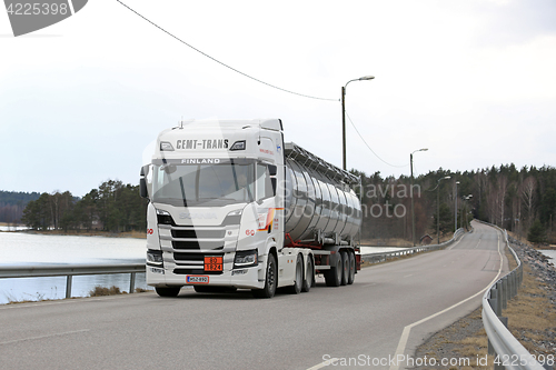 Image of White Next Generation Scania R500 Tank Truck on Bridge