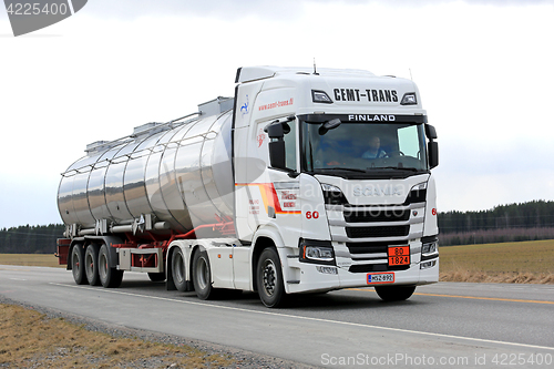 Image of White Next Generation Scania R500 Semi Tanker on Road