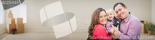 Image of Young Caucasian Family Inside Room with Boxes Banner.