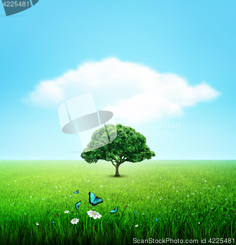 Image of Summer, Field, Sky, Tree, Grass, Flower And Butterflies