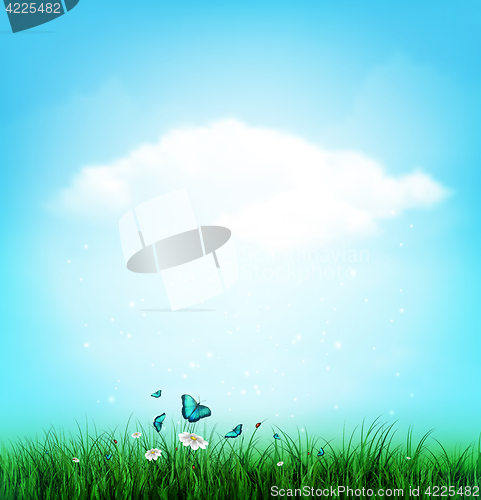 Image of Summer, Cloud, Sky, Grass, Flower And Butterflies