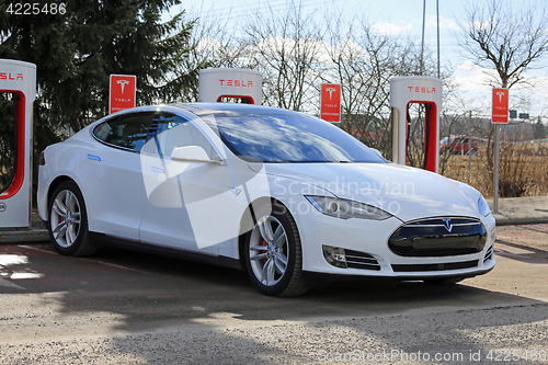Image of White Tesla Model S Electric Car Being Charged