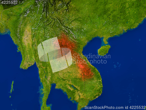 Image of Laos from space in red