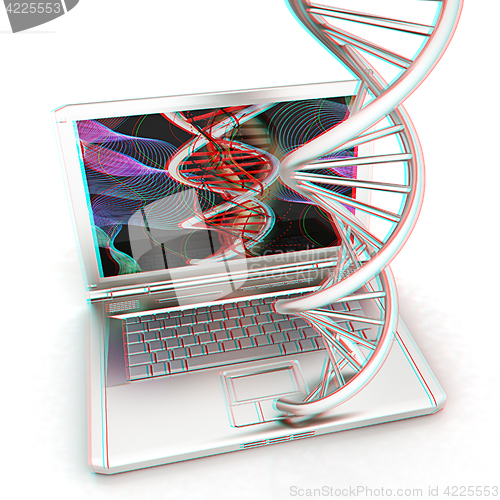 Image of Laptop with dna medical model background on laptop screen. 3d il