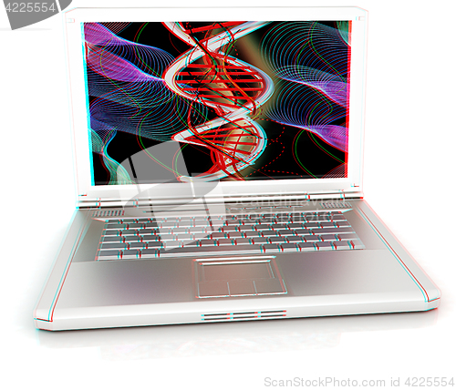 Image of Laptop with dna medical model background on laptop screen. 3d il