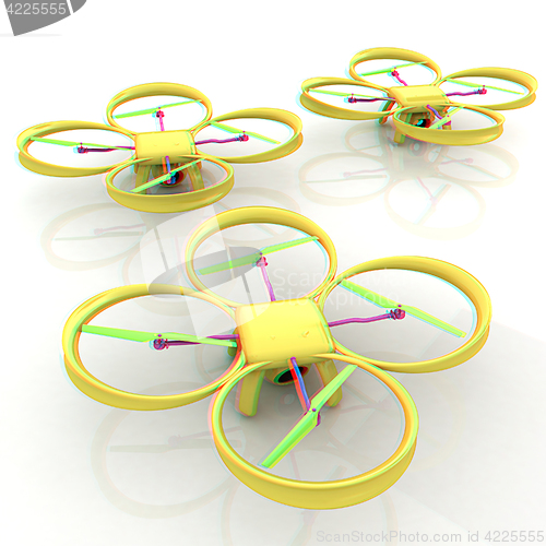 Image of Drone, quadrocopter, with photo camera. 3d render. Anaglyph. Vie