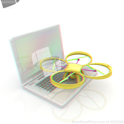 Image of Drone and laptop. 3D render. Anaglyph. View with red/cyan glasse