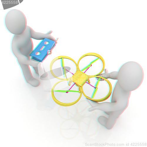 Image of 3d man with drone, quadrocopter, with photo camera. 3d render. 3