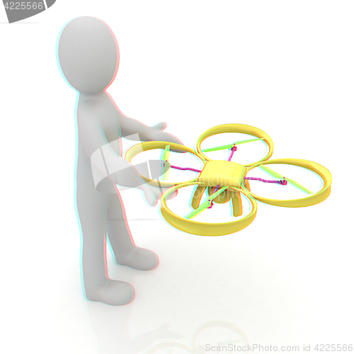 Image of 3d man with drone, quadrocopter, with photo camera. 3d render. 3