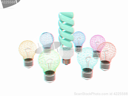 Image of energy-saving lamps. 3D illustration. Anaglyph. View with red/cy