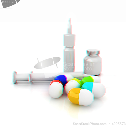 Image of Syringe, tablet, pill jar. 3D illustration. Anaglyph. View with 