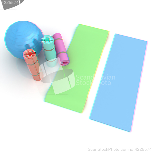 Image of karemat and fitness ball. 3D illustration. Anaglyph. View with r