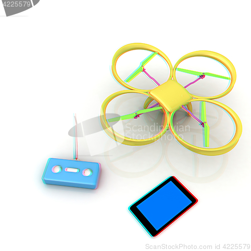 Image of Drone, remote controller and tablet PC. Anaglyph. View with red/