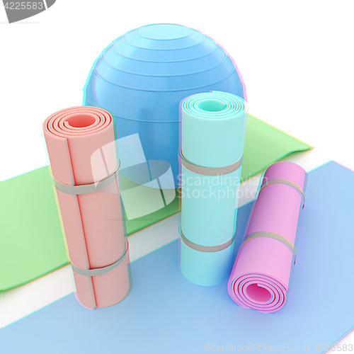 Image of karemat and fitness ball. 3D illustration. Anaglyph. View with r