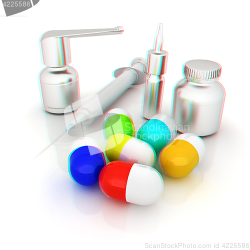 Image of Syringe, tablet, pill jar. 3D illustration. Anaglyph. View with 