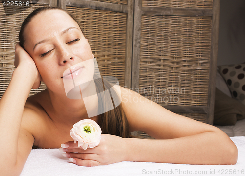 Image of stock photo attractive lady getting spa treatment in salon, healthcare people concept 