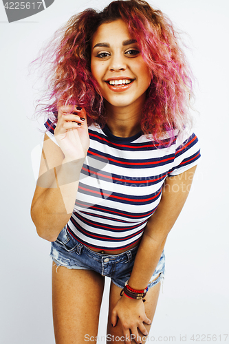 Image of young happy smiling latin american teenage girl emotional posing on white background, lifestyle people concept 