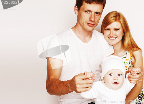 Image of young cute happy modern family, mother father son isolated on wh