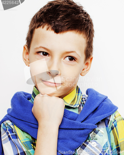 Image of young pretty little cute boy kid wondering, posing emotional face isolated on white background, gesture happy smiling close up, lifestyle people concept 