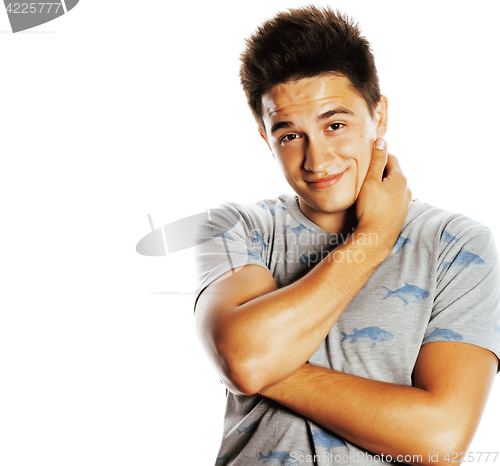 Image of young handsome brunete man emotional posing on white background 